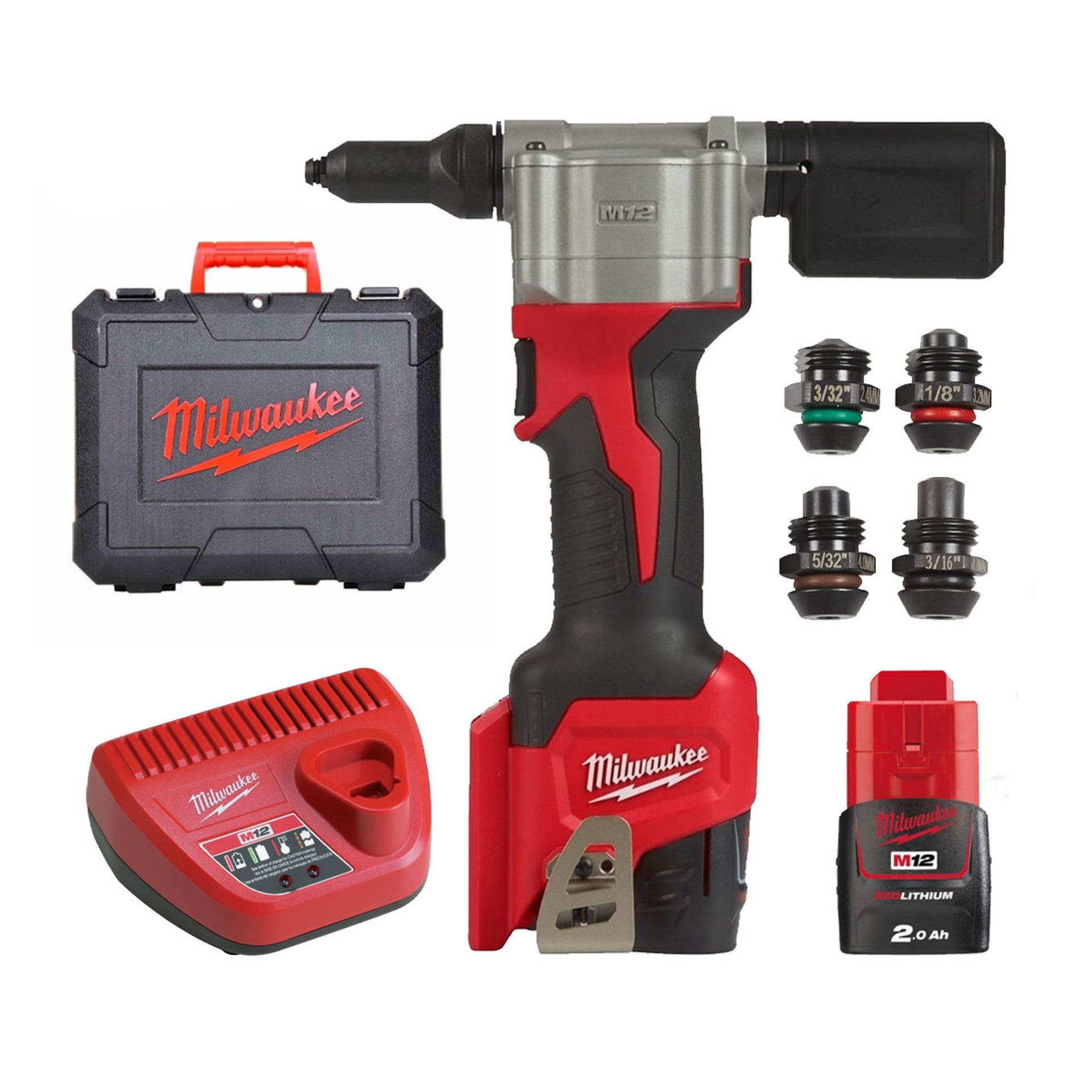 Milwaukee M12 Sub Compact Rivet Tool with one-stroke 4.8 mm rivet capacity, LED light, on-board fuel gauge, and REDLITHIUM-ION battery compatibility. Milwaukee M12 Sub Compact Rivet Tool with one-stroke 4.8 mm rivet capacity, LED light, on-board fuel gauge, and REDLITHIUM-ION battery compatibility.